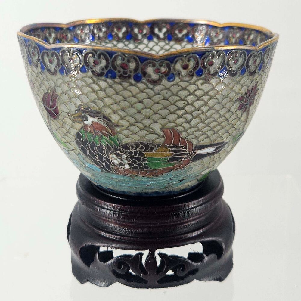 Vintage Chinese Plique A jour Cloisonne cup dish wood stand Mandarin Duck floral